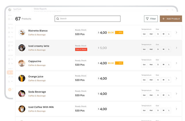 sellosoft coffee shop menu listing 67 products including Ristretto Bianco, Iced creamy latte marked out of stock, Cappuccino, Orange juice, Soda Beverage, and Iced Coffee With Milk with options for temperature and size and a search and filter feature.